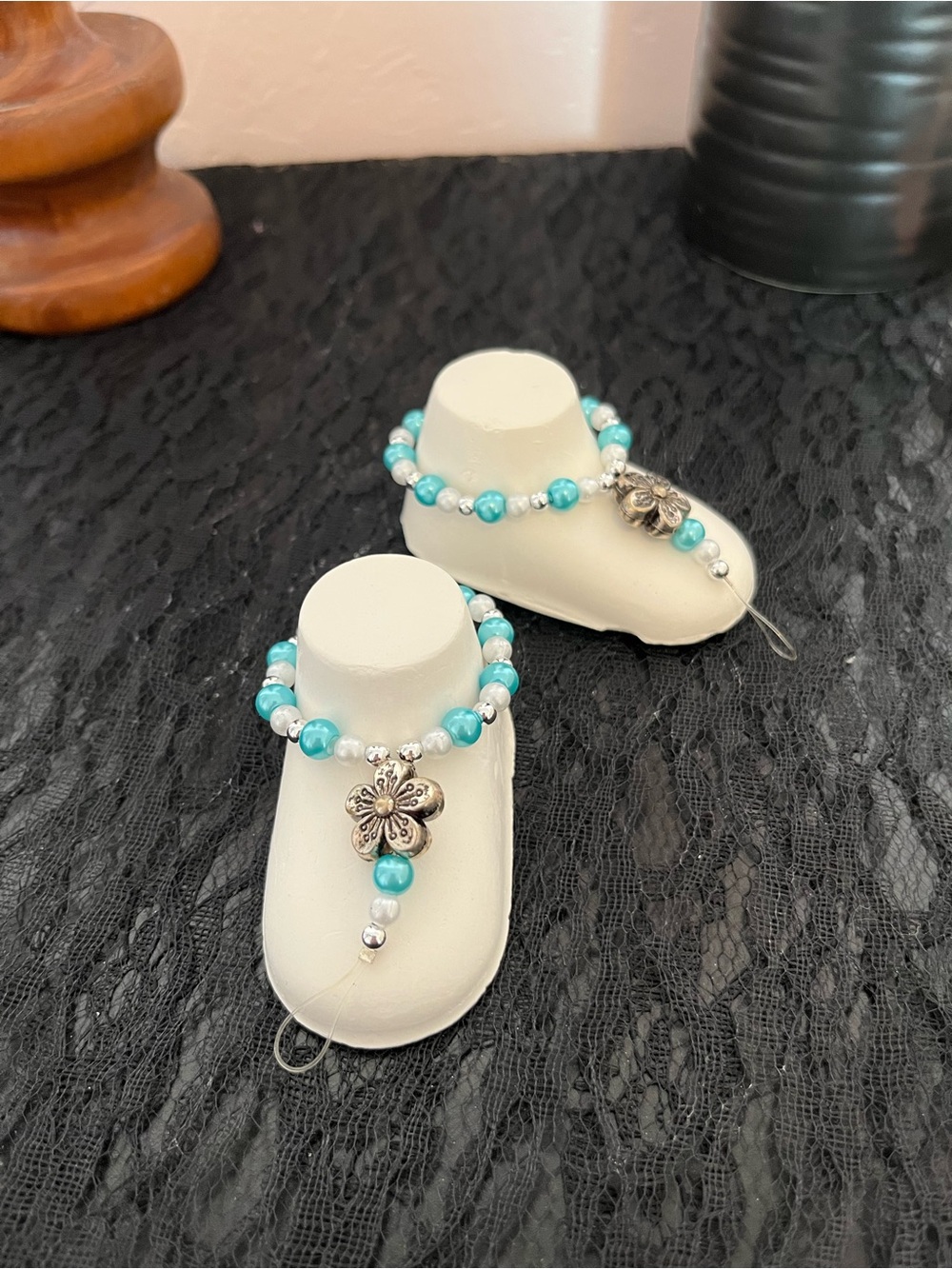 Turquoise Pearl Barefoot Sandals with Flower Charm
